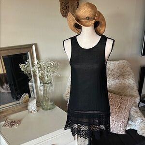 Sanctuary semi sheer, black crochet, long line tunic tank mini dress cover up S